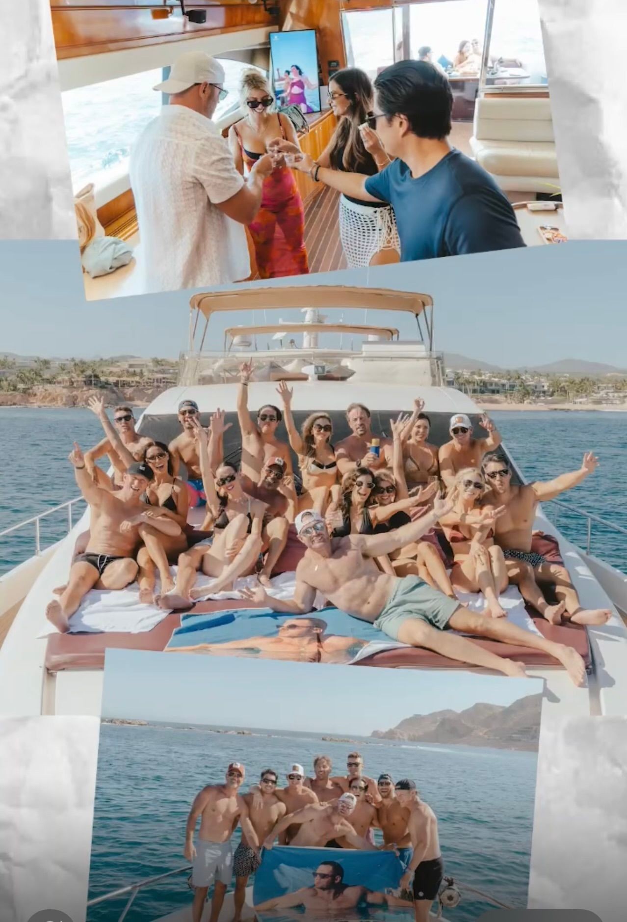 Group of friends enjoying a yacht party, relaxing and raising glasses.